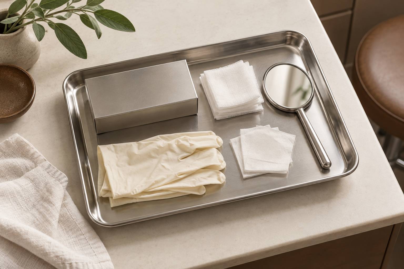 Plateau inox avec materiel sterile ferme et gants dans un cabinet medical