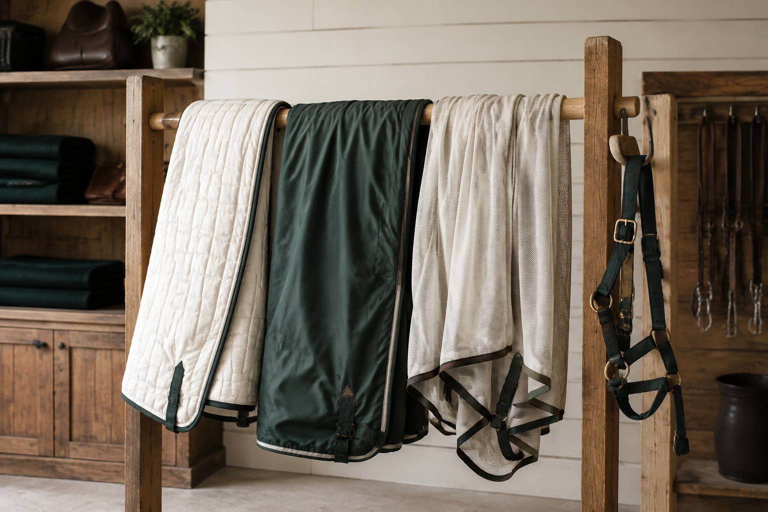 Couvertures pour chevaux de différents types pliées sur un portant en bois de sellerie