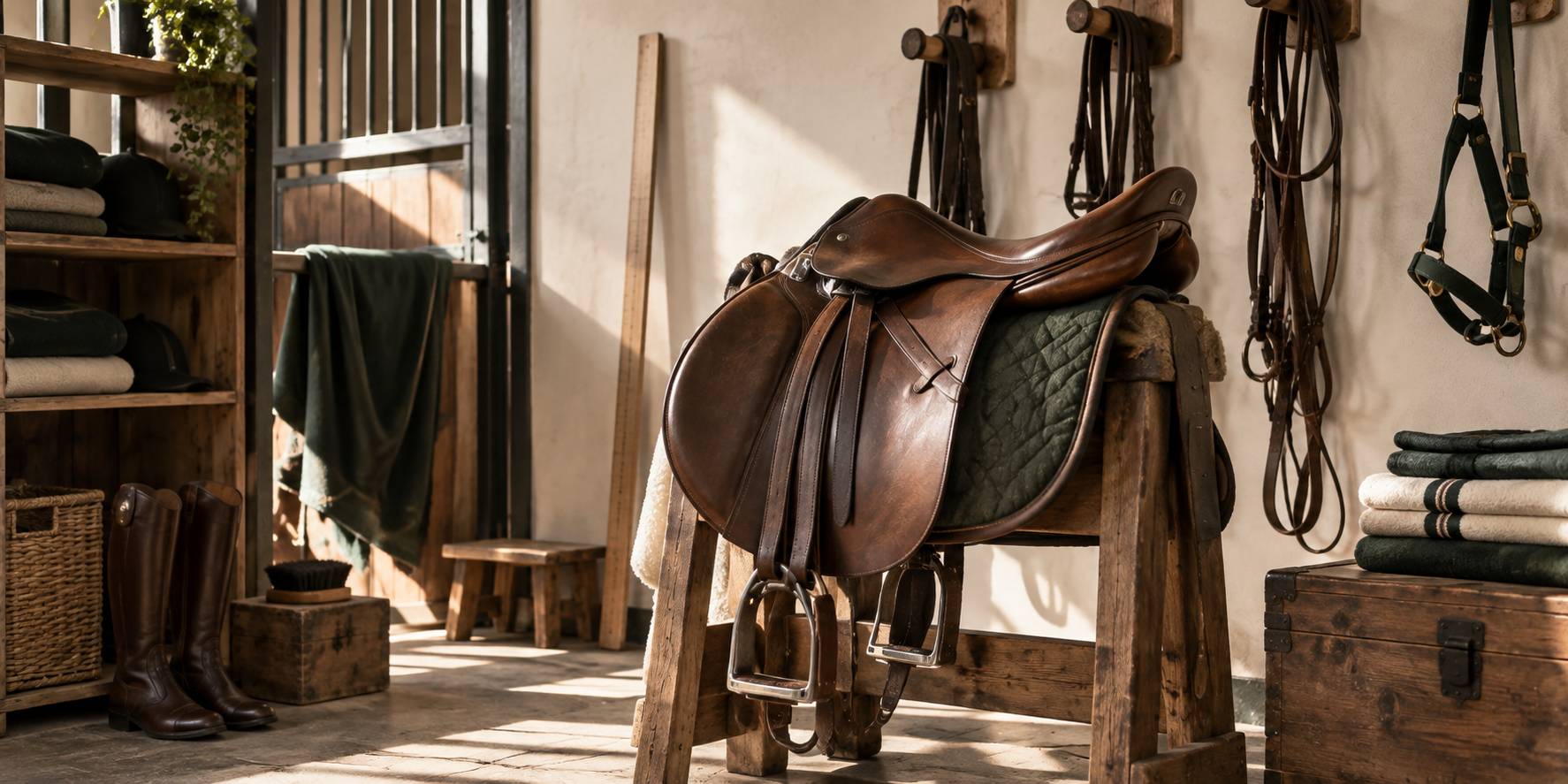 Selle en cuir tanné dans une sellerie bien tenue