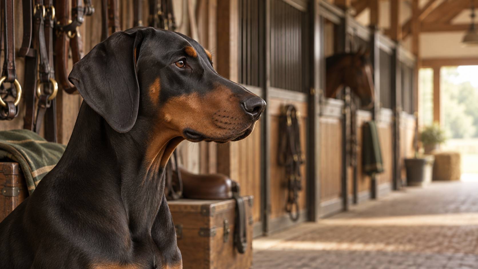 Profil de la tête d'un Doberman aux oreilles tombantes bien visibles