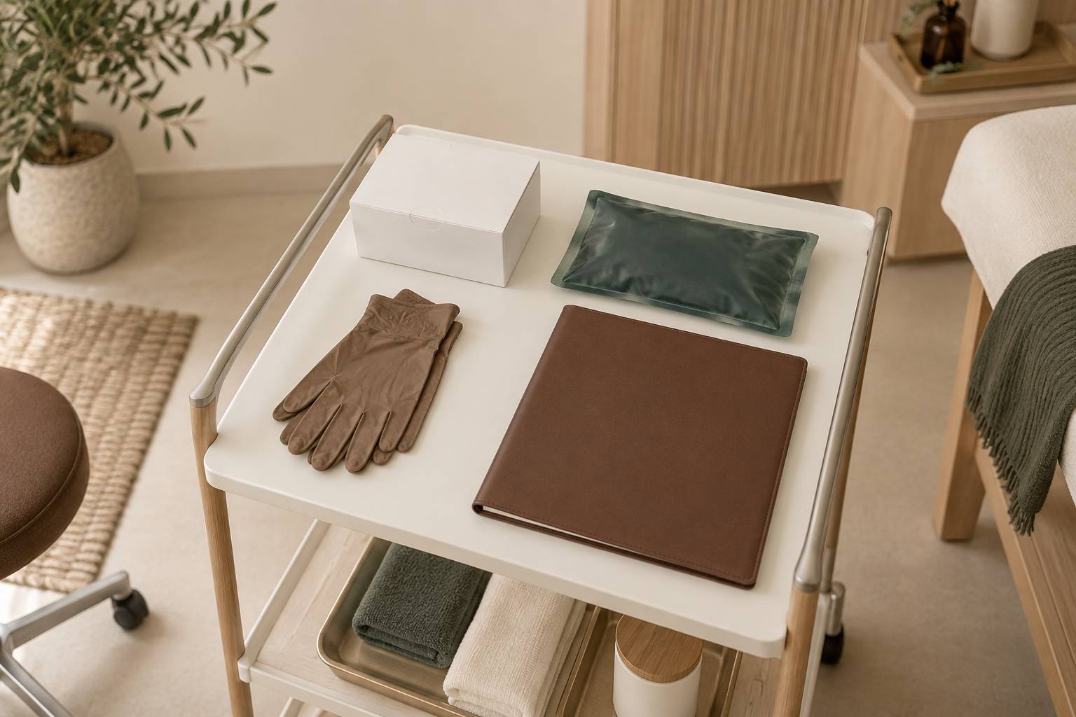 Compresses steriles et gants poses sur un gueridon de soin
