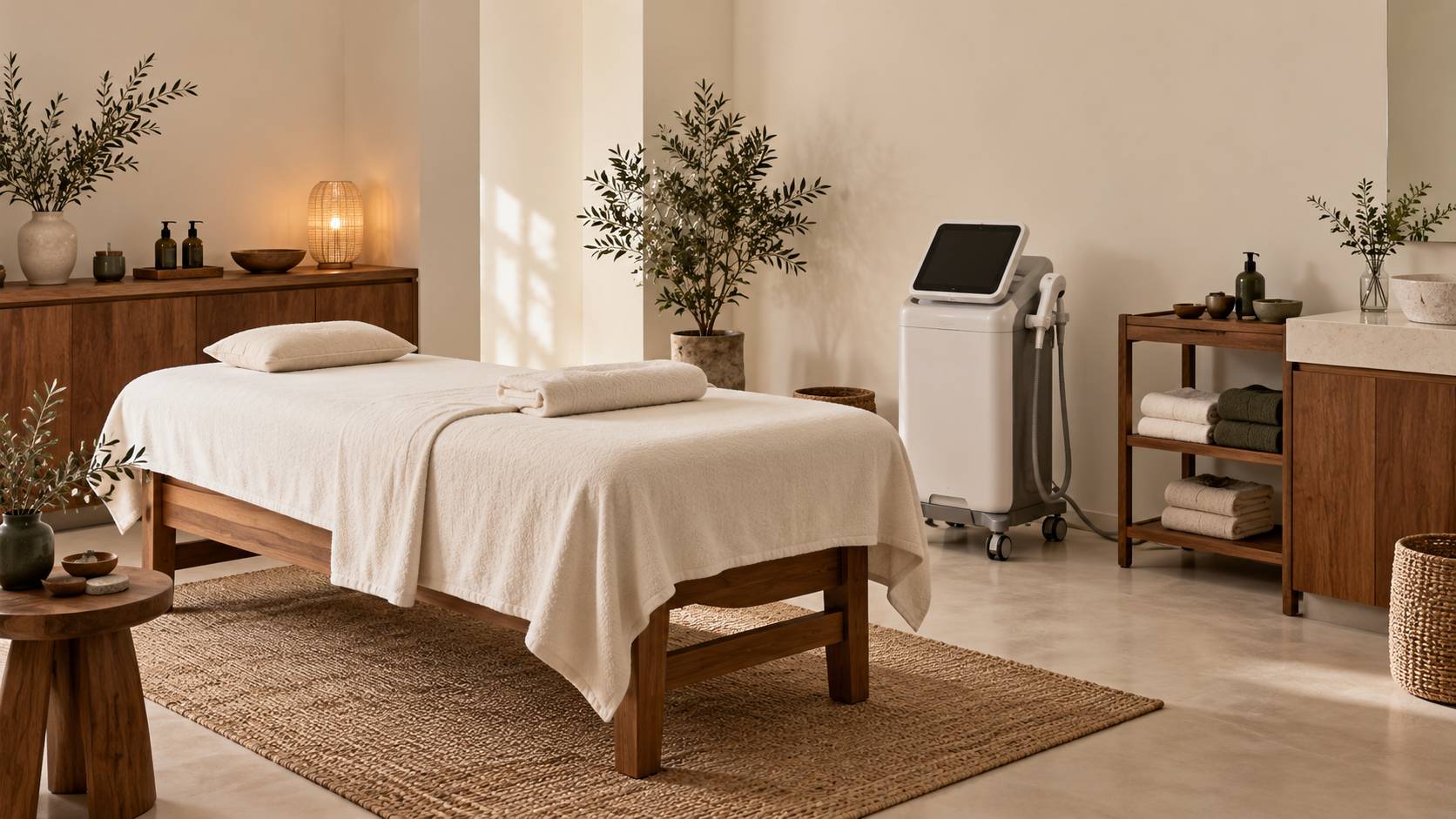Table de soin recouverte d'un drap propre avec serviette pliee