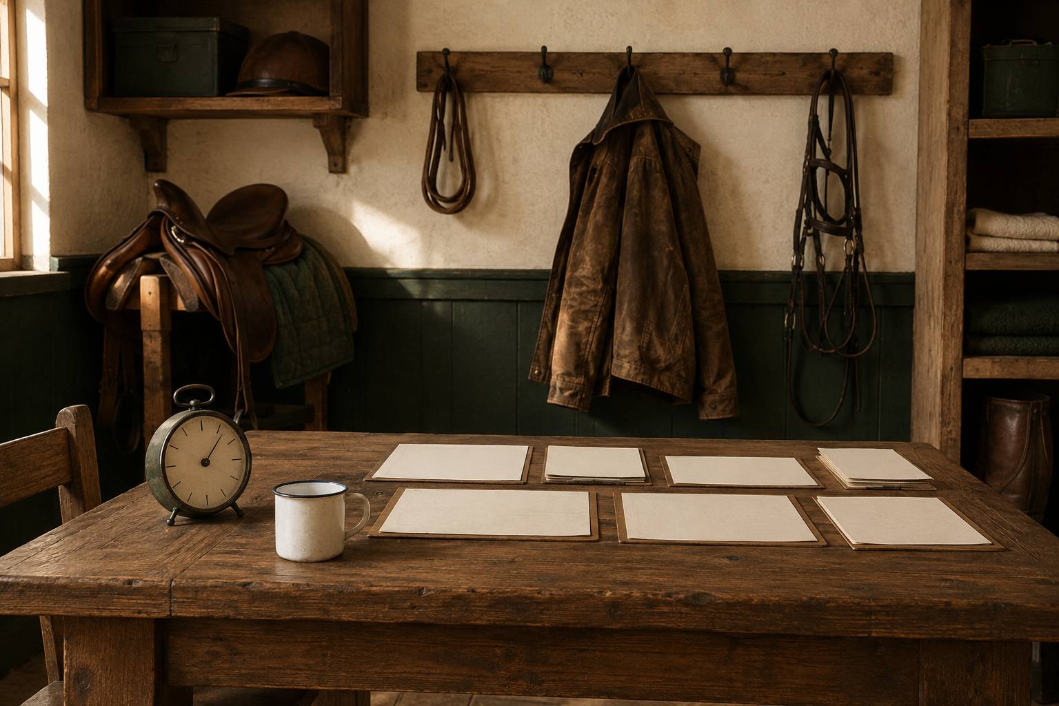 Table de réunion avec documents de roulement, réveil et tasse, ambiance bois et cuir