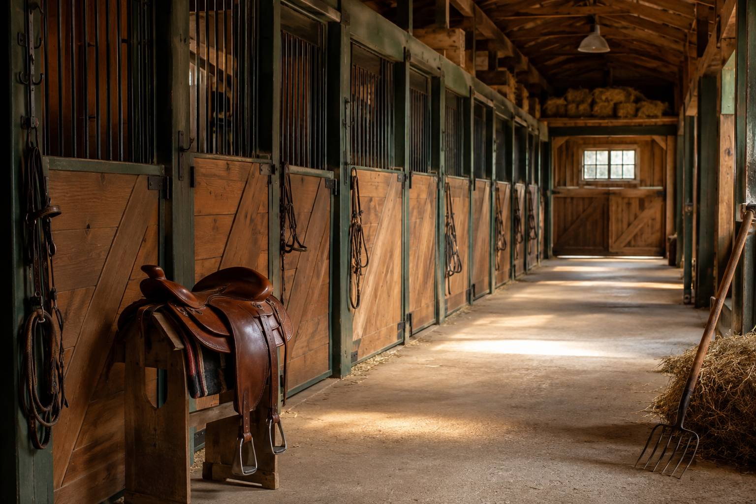 Allée d'écurie avec boxes propres et sellerie