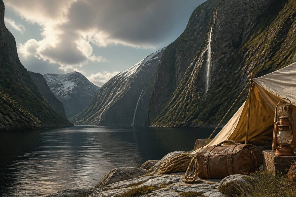Panorama d'un fjord aux eaux calmes bordé de falaises abruptes et de sommets enneigés