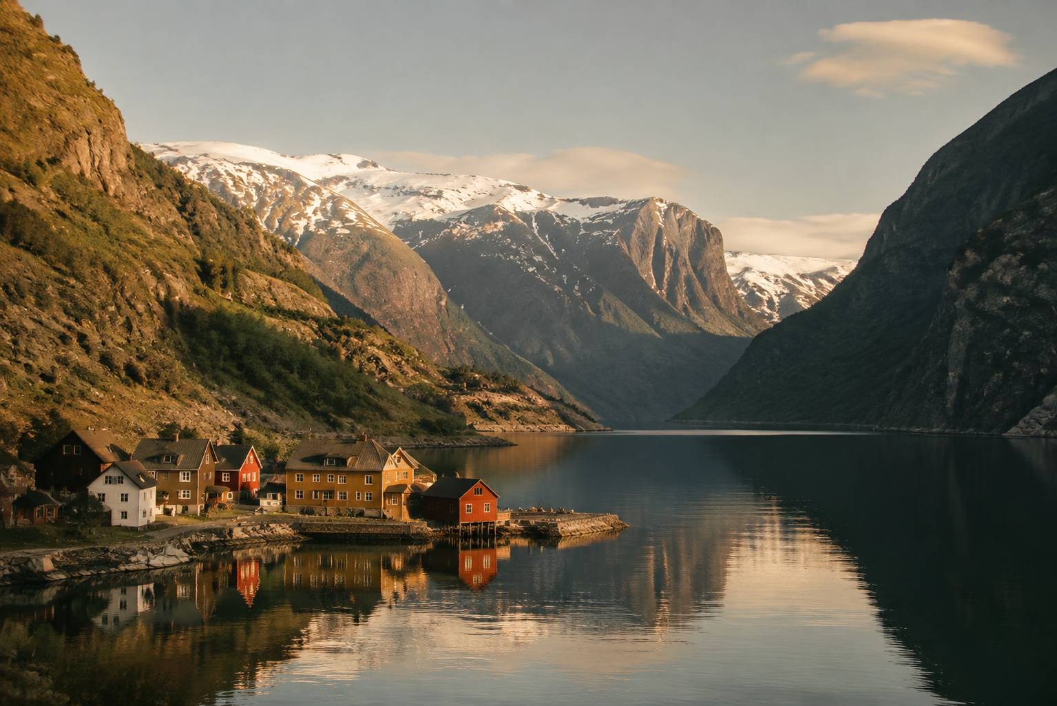 Bras de mer d'un fjord avec village aux maisons colorées et montagnes enneigées en arrière-plan