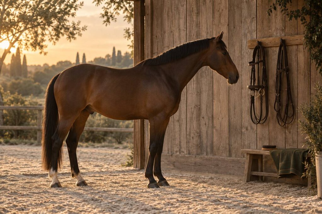 Cheval à l'arrêt près d'un mur en bois dans une sellerie en fin de journée