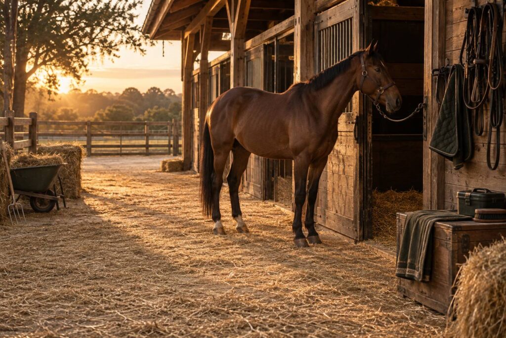 Cheval brun à l'attache devant un box avec licol en cuir