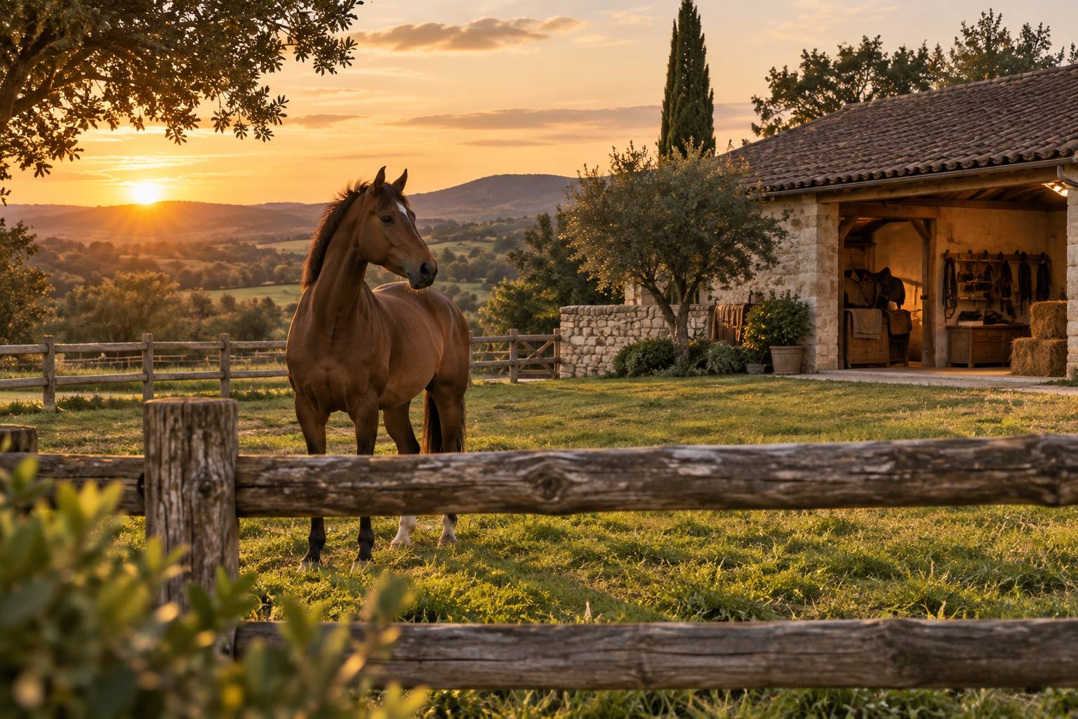 Cheval brun tête haute au pré derrière une clôture en bois