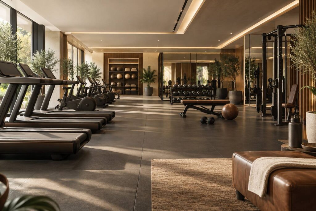 Salle de sport moderne avec rangée d'appareils de cardio et mur de miroirs