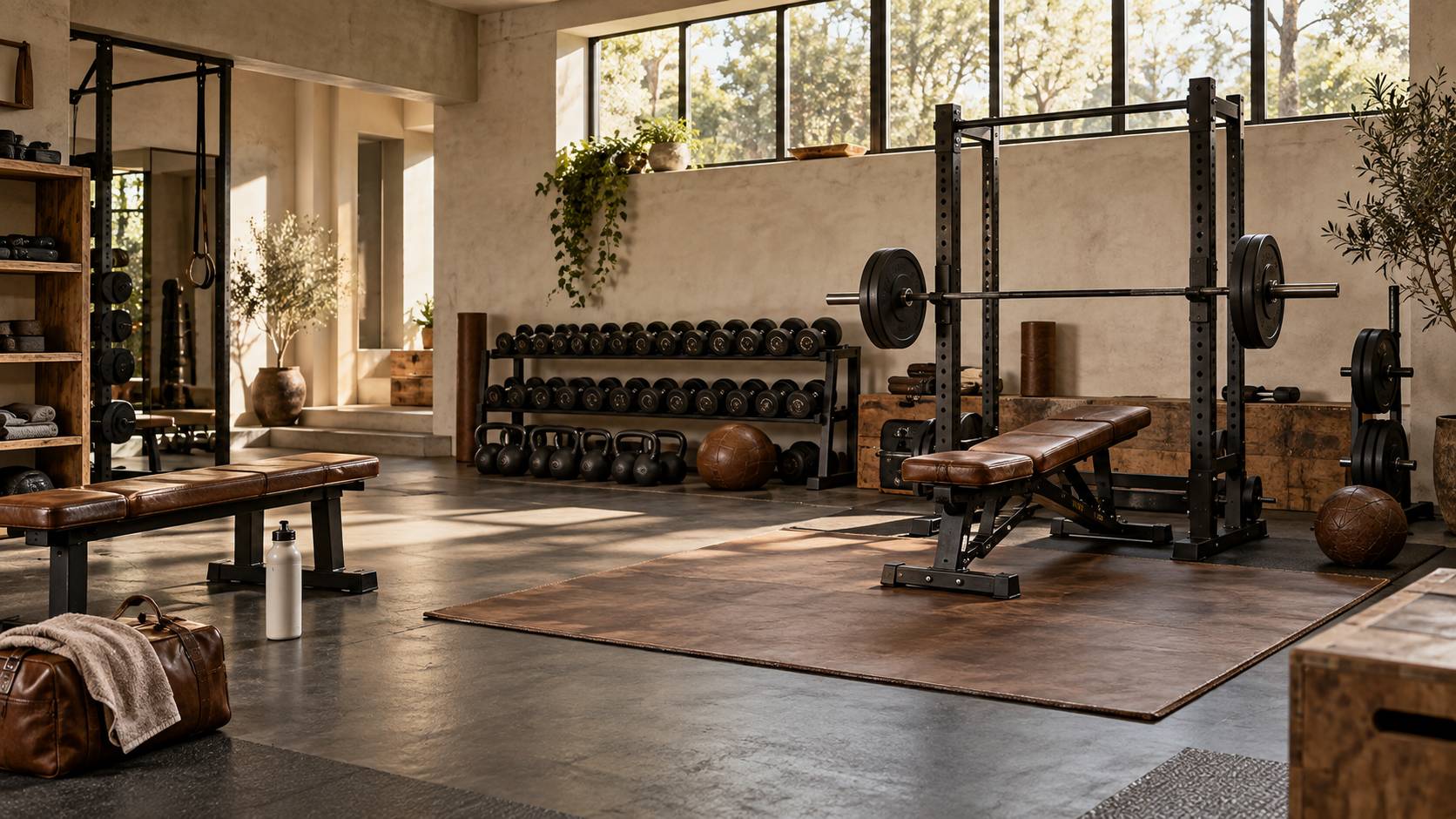 Salle de sport moderne avec rangée d'appareils de cardio et mur de miroirs