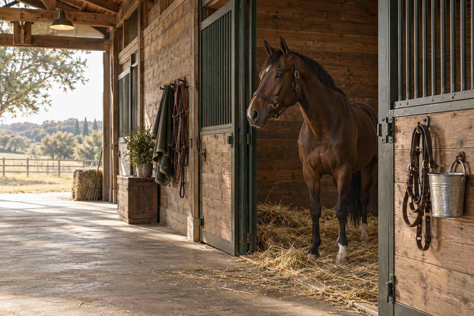 Stalle ouverte avec cheval generique et licol suspendu