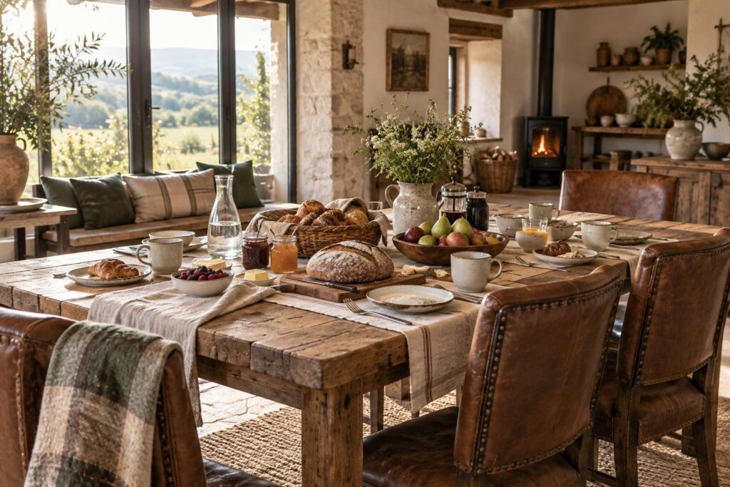 Table dressée avec petit-déjeuner complet dans une salle à manger claire