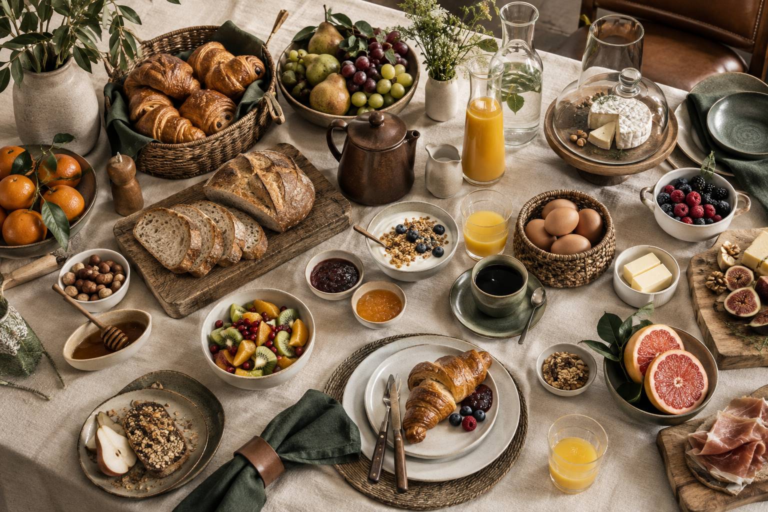 Buffet de petit-déjeuner avec corbeilles et fruits sur une nappe de lin