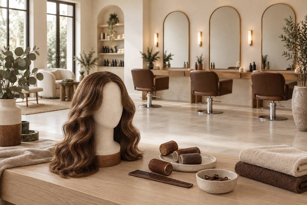 Tete de mannequin avec chevelure ondulée et rouleaux de coiffure