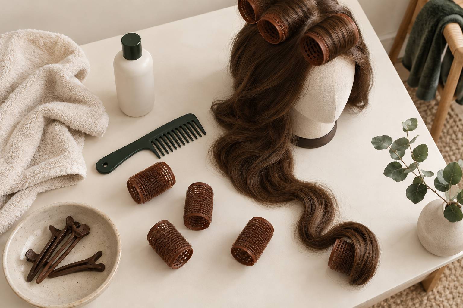 Bigoudis, peigne et serviette sur un poste de coiffure clair