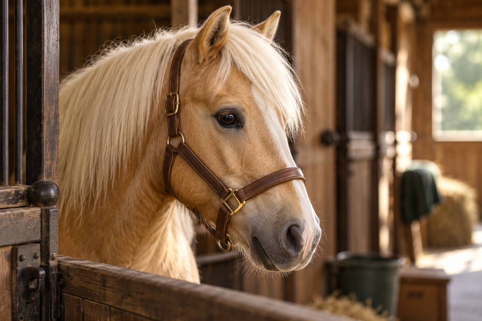 Tête d'un poney palomino à la crinière claire dans une écurie