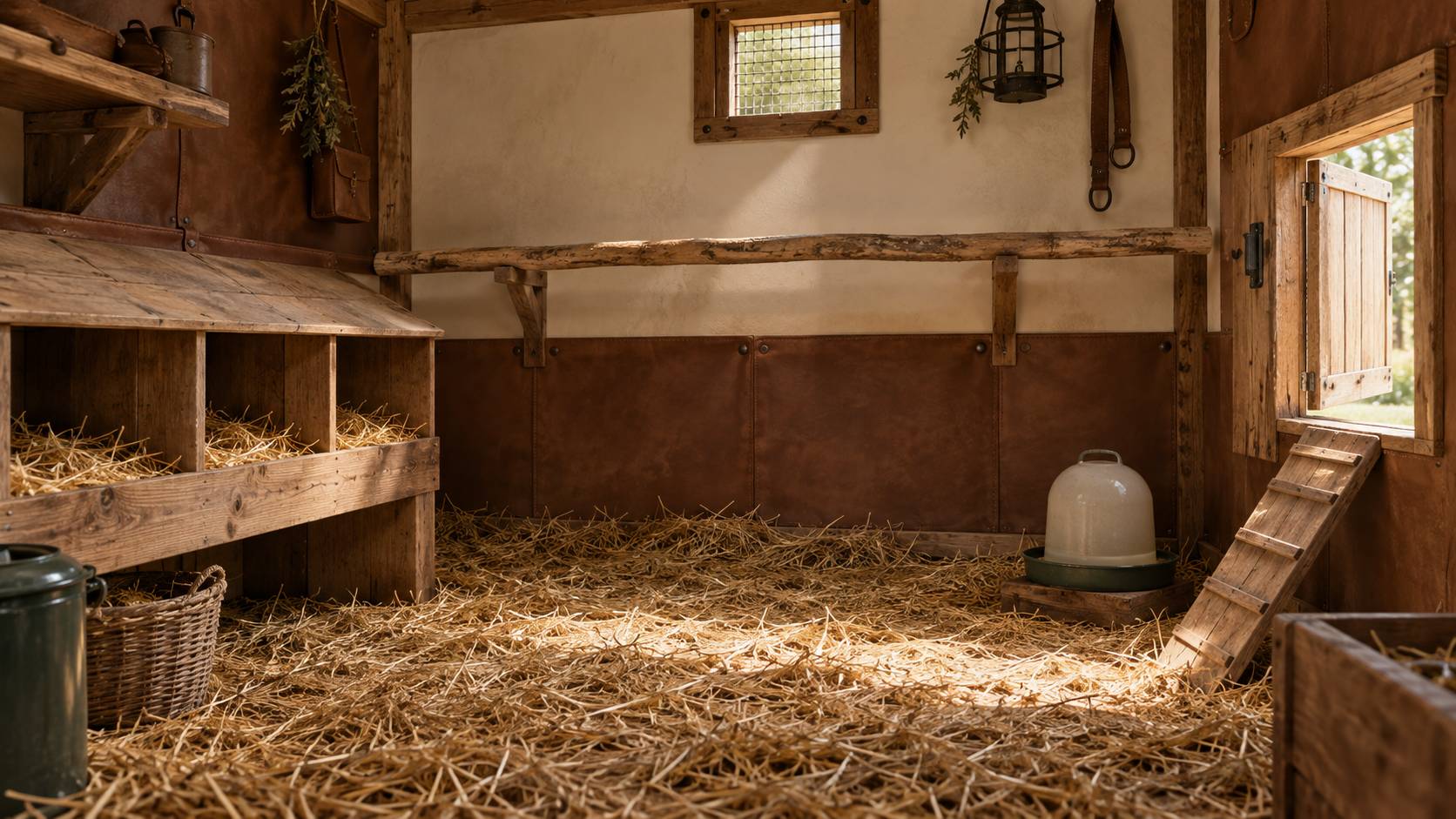 Intérieur d'un poulailler avec pondoirs garnis de paille propre