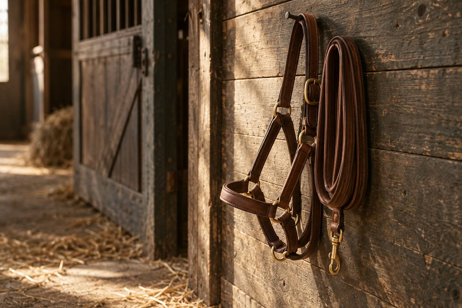 Licol et longe en cuir tanne suspendus a un mur de bois d'ecurie