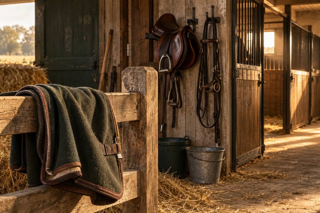 Couverture de cheval pliée sur une barrière dans une sellerie
