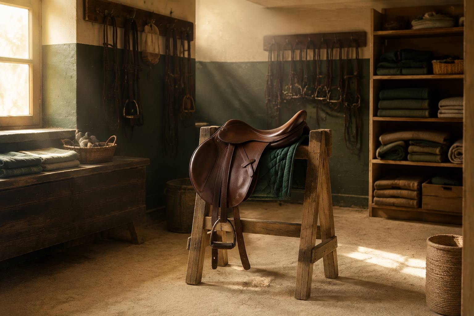 Selle en cuir et filet dans une sellerie en bois
