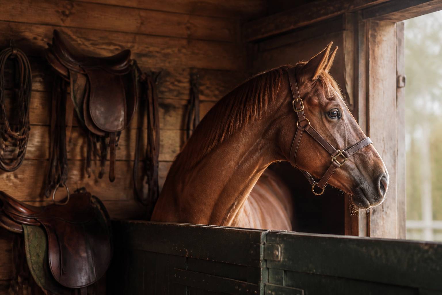 Tête de cheval alezan au licol en cuir dans un box en bois avec sellerie