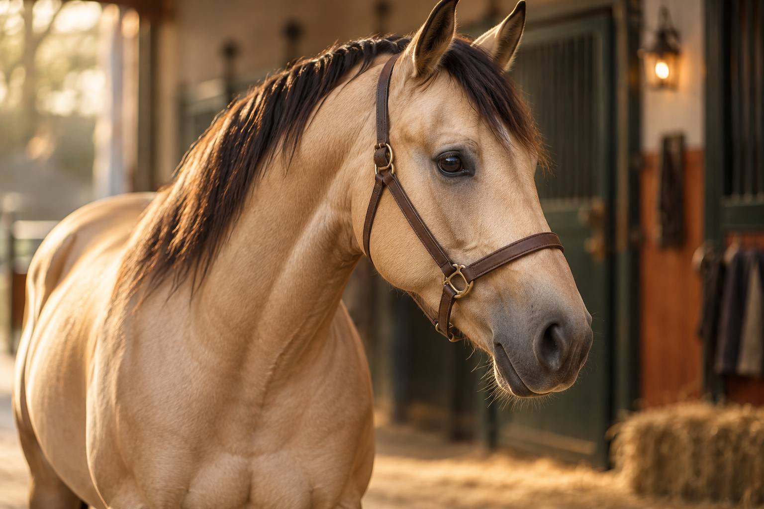 Tête et encolure d'un cheval isabelle aux crins sombres avec un licol en cuir