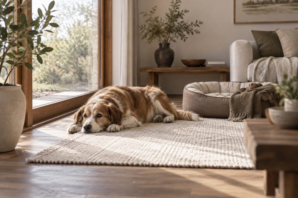 Chien calme couche sur un tapis clair pres d'une fenetre lumineuse