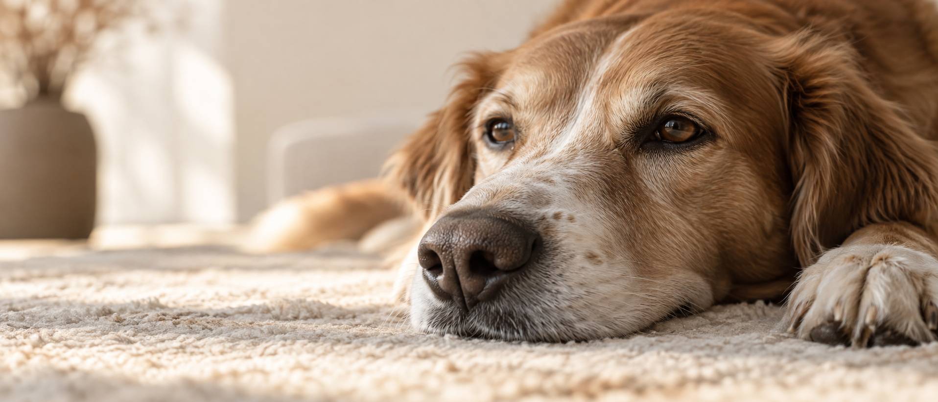 Truffe et museau d'un chien apaise couche sur un tapis clair