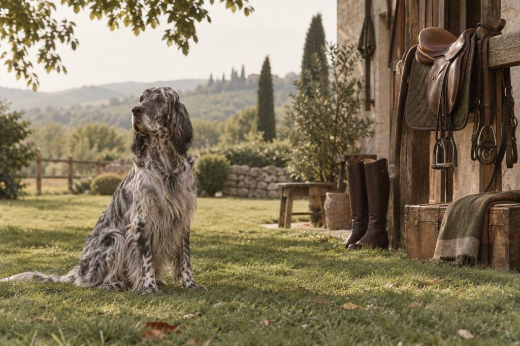 Grand chien de chasse à poil long gris tacheté assis dans un jardin herbeux