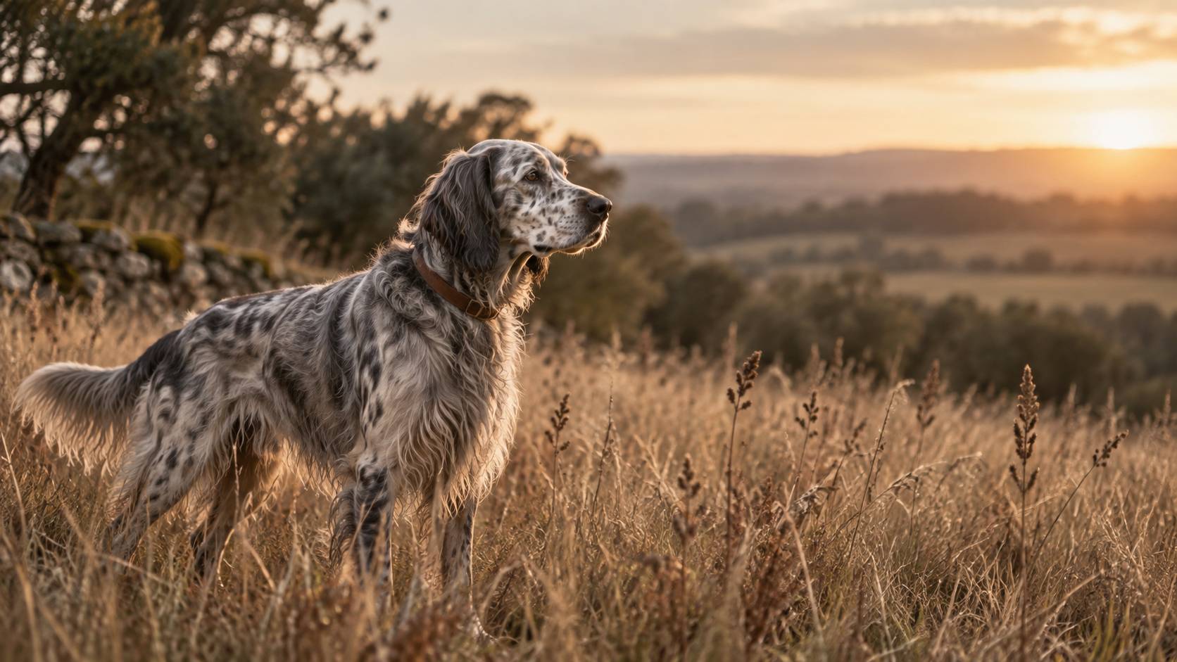 Grand chien de chasse à poil long gris tacheté assis dans un jardin herbeux