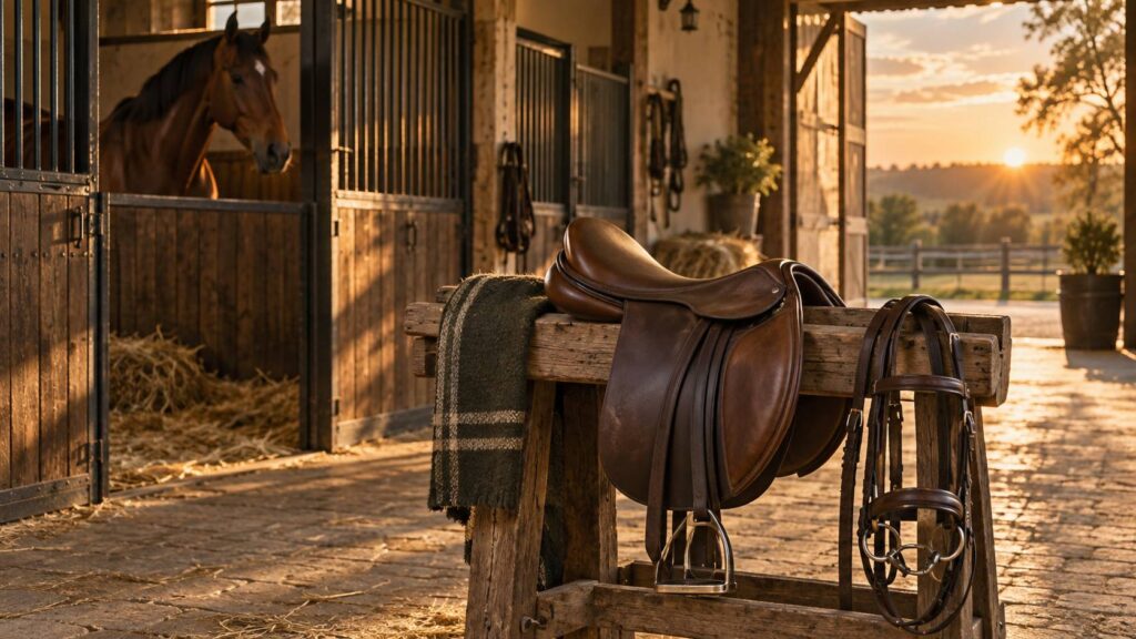 Cheval bai dans une sellerie avec selle et bride sur un ratelier en bois