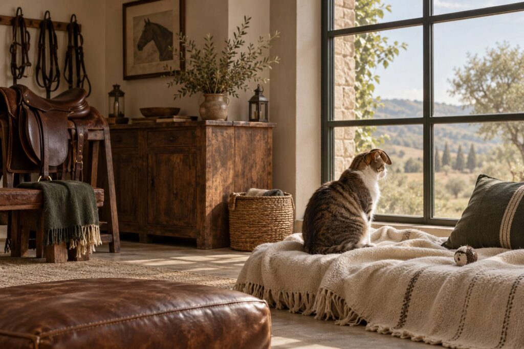 Chat assis sur un plaid avec une oreille tombante pres d'une fenetre