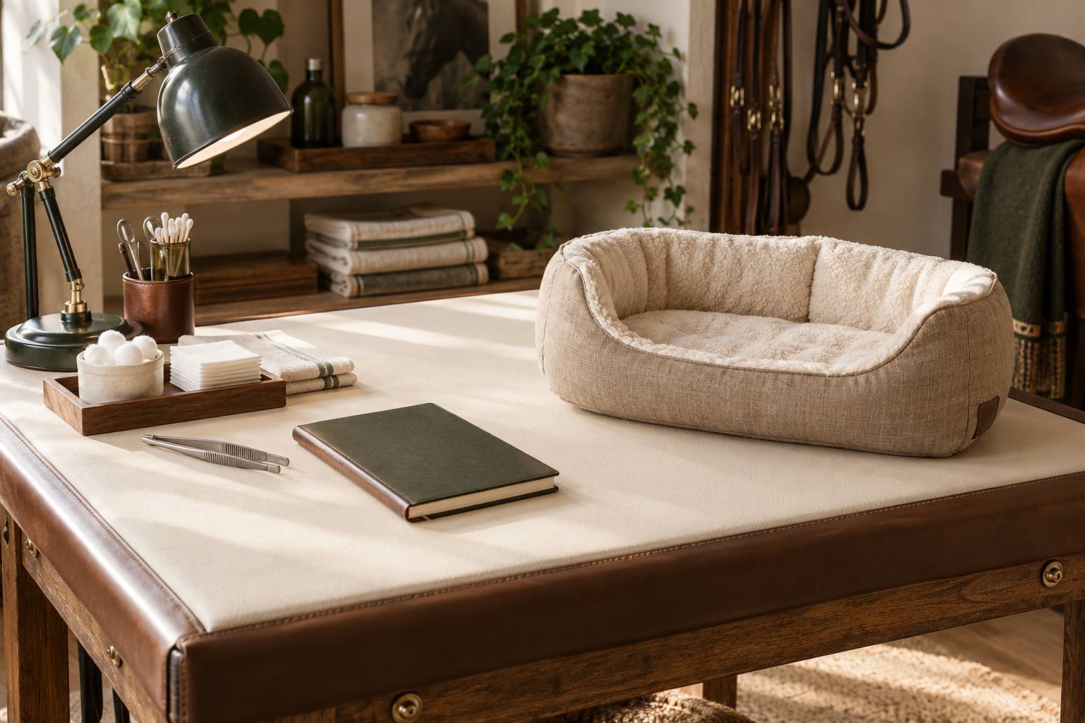 Materiel de soin veterinaire pose sur une table claire