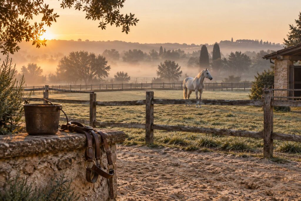 Cheval de robe claire dans un pré clos au petit matin