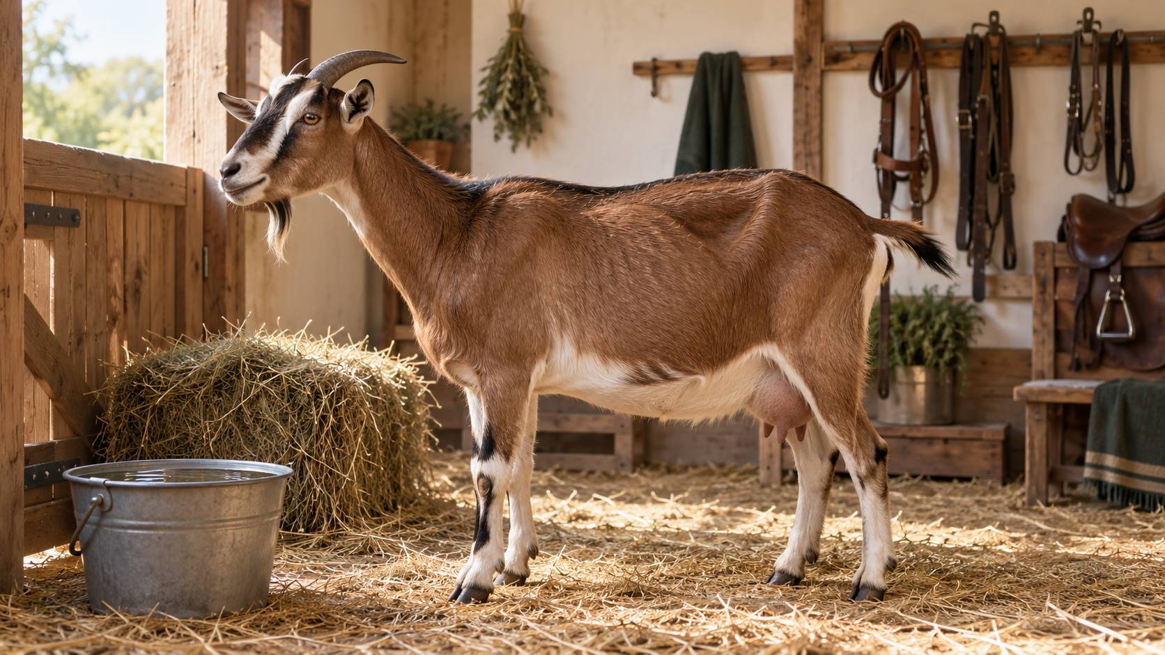 Chèvre dans une étable claire près d'un seau et d'une botte de foin
