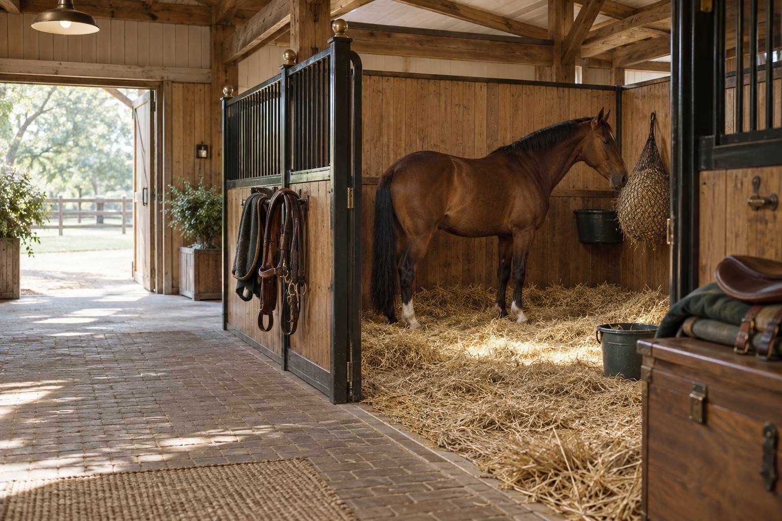 Box d'écurie propre avec cheval de profil et filet de foin