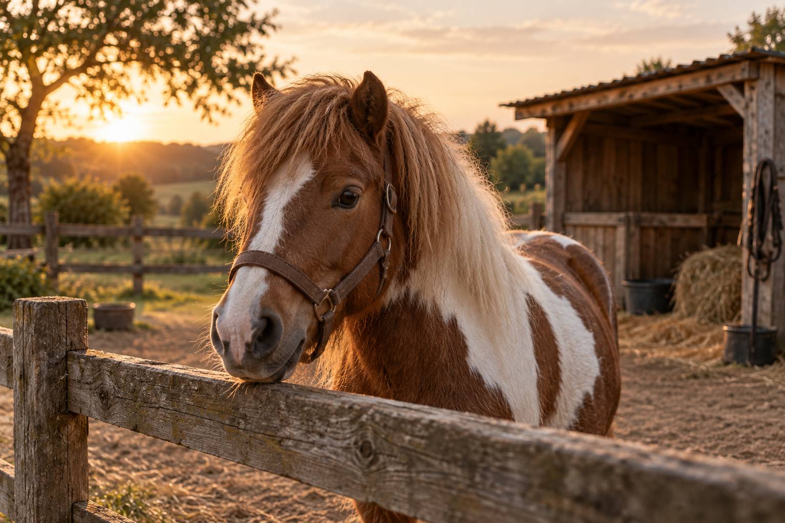 Portrait rapproche d'un petit poney au licol en cuir