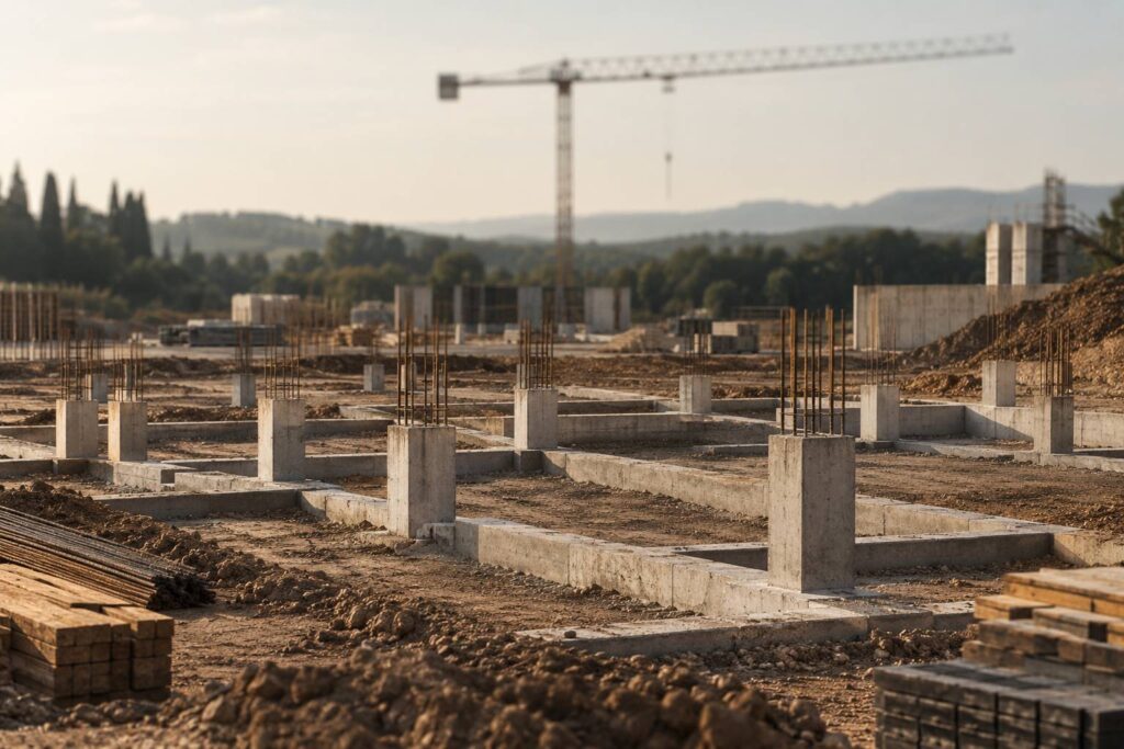 Chantier générique avec pieux et fondations en béton alignés au sol