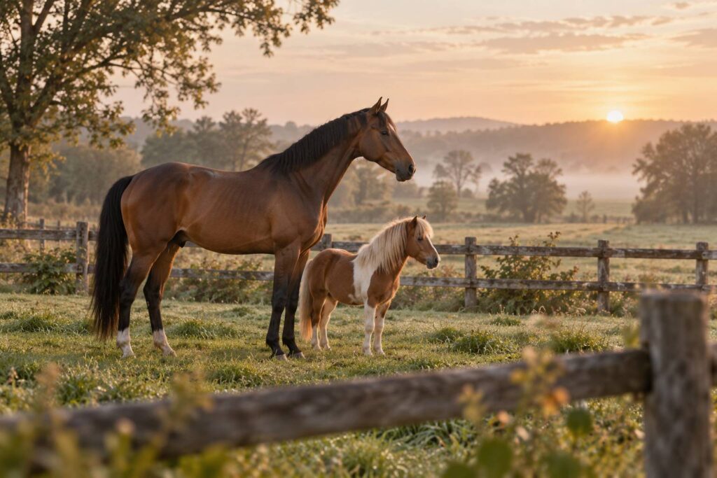 Grand cheval de selle bai et petit poney dans une prairie cloturee en lumiere douce