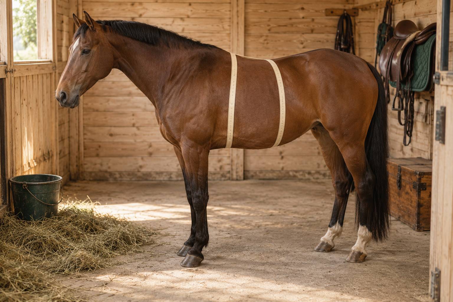 Ruban de mesure souple enroule autour du corps d'un cheval dans une ecurie claire